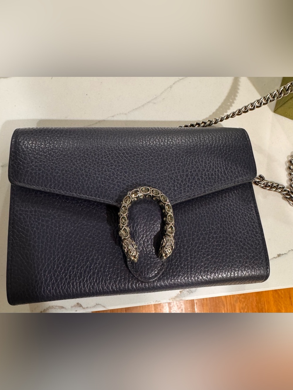 Gucci Navy Textured Leather Shoulder Bag with Silver-Tone Tiger Head Closure